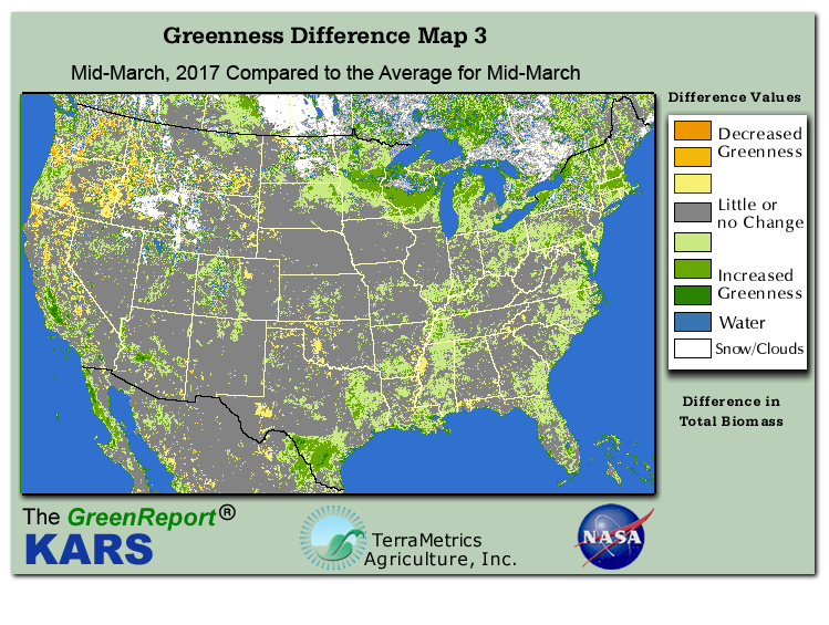Color-coded U.S. vegetation greeness index map for Period 12 of 2017, illustrating spatial variations in plant vigor, with greener tones indicating higher biomass and browner tones indicating stressed vegetation,
              comparing current crop/vegetation change in biomass to the 20-year greenness average.