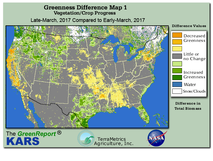 Color-coded U.S. vegetation greeness index map for Period 13 of 2017, illustrating spatial variations in plant vigor, with greener tones indicating higher biomass and browner tones indicating stressed vegetation,
              comparing current crop/vegetation change in biomass to the previous week within the same year.