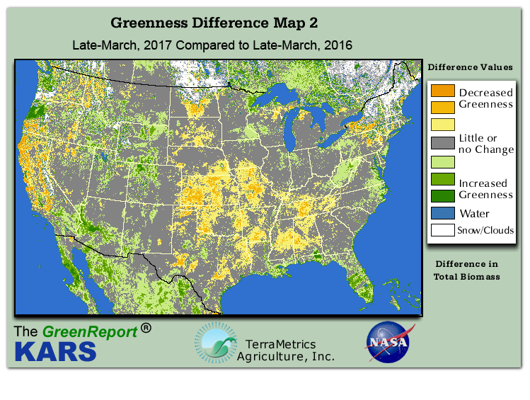 Color-coded U.S. vegetation greeness index map for Period 13 of 2017, illustrating spatial variations in plant vigor, with greener tones indicating higher biomass and browner tones indicating stressed vegetation,
              comparing current crop/vegetation change in biomass to same period from the previous year.
