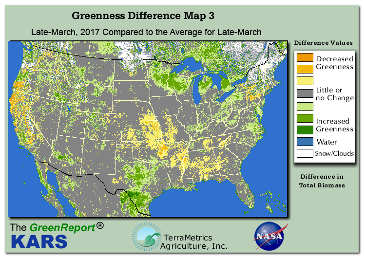 Color-coded U.S. vegetation greeness index map for Period 13 of 2017, illustrating spatial variations in plant vigor, with greener tones indicating higher biomass and browner tones indicating stressed vegetation,
              comparing current crop/vegetation change in biomass to the 20-year greenness average.