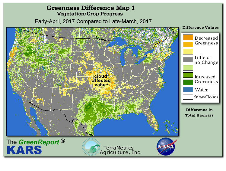 Color-coded U.S. vegetation greeness index map for Period 14 of 2017, illustrating spatial variations in plant vigor, with greener tones indicating higher biomass and browner tones indicating stressed vegetation,
              comparing current crop/vegetation change in biomass to the previous week within the same year.