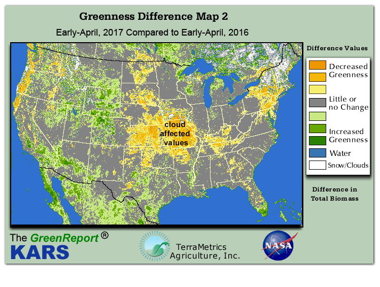 Color-coded U.S. vegetation greeness index map for Period 14 of 2017, illustrating spatial variations in plant vigor, with greener tones indicating higher biomass and browner tones indicating stressed vegetation,
              comparing current crop/vegetation change in biomass to same period from the previous year.