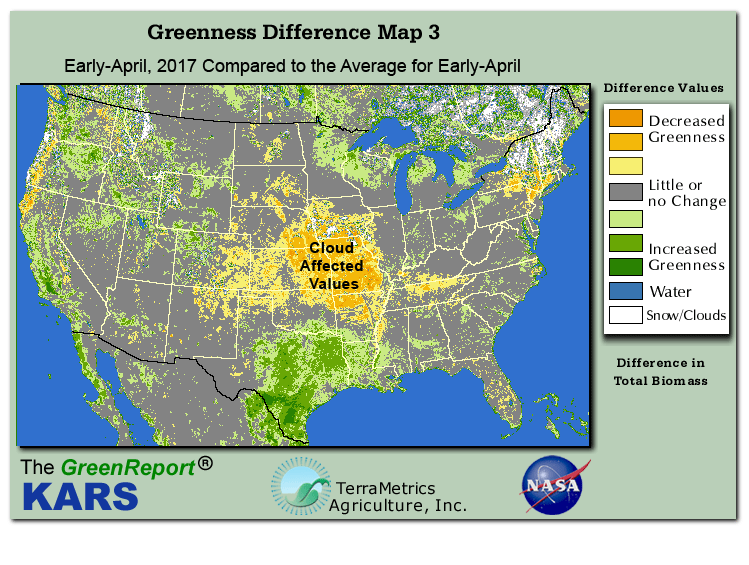 Color-coded U.S. vegetation greeness index map for Period 14 of 2017, illustrating spatial variations in plant vigor, with greener tones indicating higher biomass and browner tones indicating stressed vegetation,
              comparing current crop/vegetation change in biomass to the 20-year greenness average.
