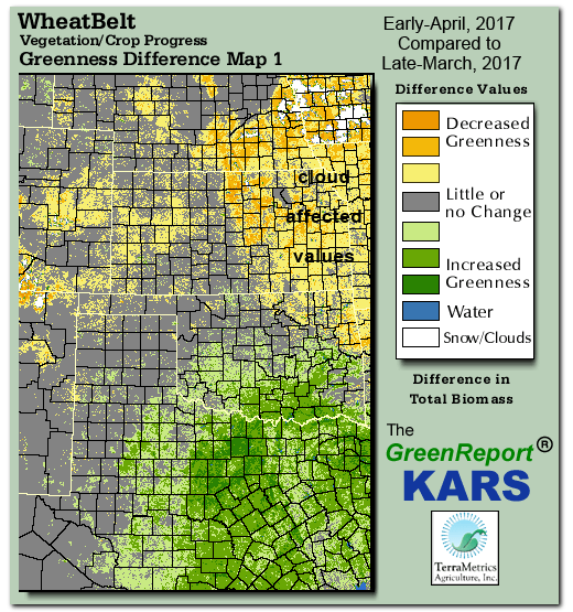 Color-coded Wheat Belt vegetation greeness index map for Period 14 of 2017, illustrating spatial variations in plant vigor, with greener tones indicating higher biomass and browner tones indicating stressed vegetation,
              comparing current crop/vegetation change in biomass to the previous week within the same year.