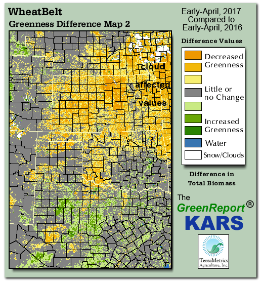 Color-coded Wheat Belt vegetation greeness index map for Period 14 of 2017, illustrating spatial variations in plant vigor, with greener tones indicating higher biomass and browner tones indicating stressed vegetation,
              comparing current crop/vegetation change in biomass to same period from the previous year.