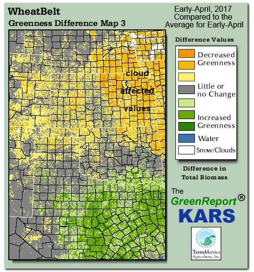 Color-coded Wheat Belt vegetation greeness index map for Period 14 of 2017, illustrating spatial variations in plant vigor, with greener tones indicating higher biomass and browner tones indicating stressed vegetation,
              comparing current crop/vegetation change in biomass to the 20-year greenness average.