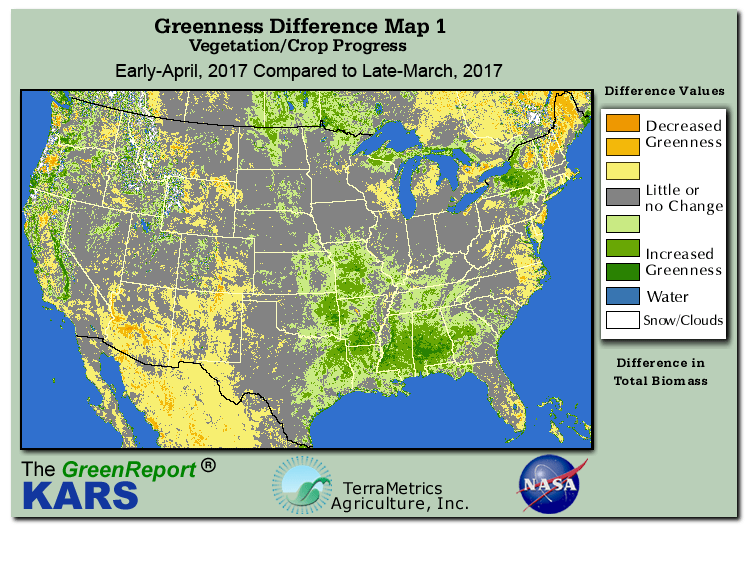 Color-coded U.S. vegetation greeness index map for Period 15 of 2017, illustrating spatial variations in plant vigor, with greener tones indicating higher biomass and browner tones indicating stressed vegetation,
              comparing current crop/vegetation change in biomass to the previous week within the same year.