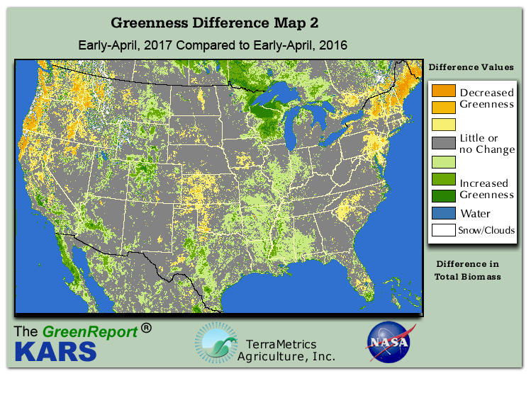 Color-coded U.S. vegetation greeness index map for Period 15 of 2017, illustrating spatial variations in plant vigor, with greener tones indicating higher biomass and browner tones indicating stressed vegetation,
              comparing current crop/vegetation change in biomass to same period from the previous year.