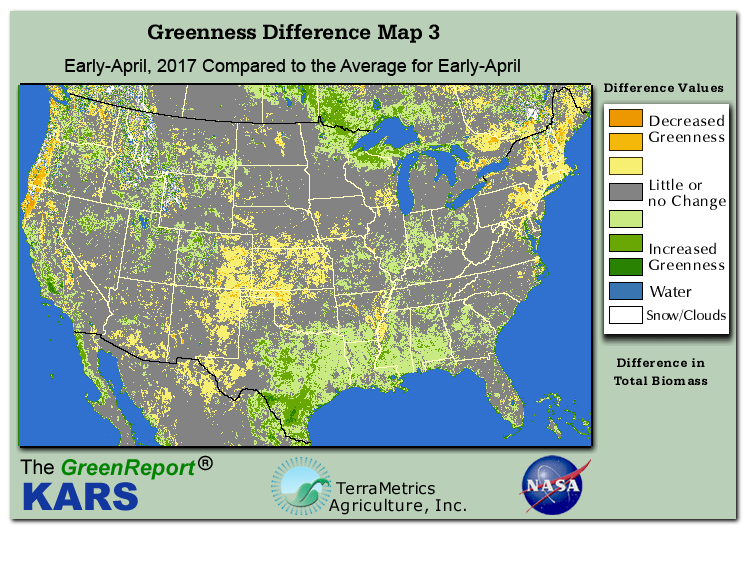 Color-coded U.S. vegetation greeness index map for Period 15 of 2017, illustrating spatial variations in plant vigor, with greener tones indicating higher biomass and browner tones indicating stressed vegetation,
              comparing current crop/vegetation change in biomass to the 20-year greenness average.