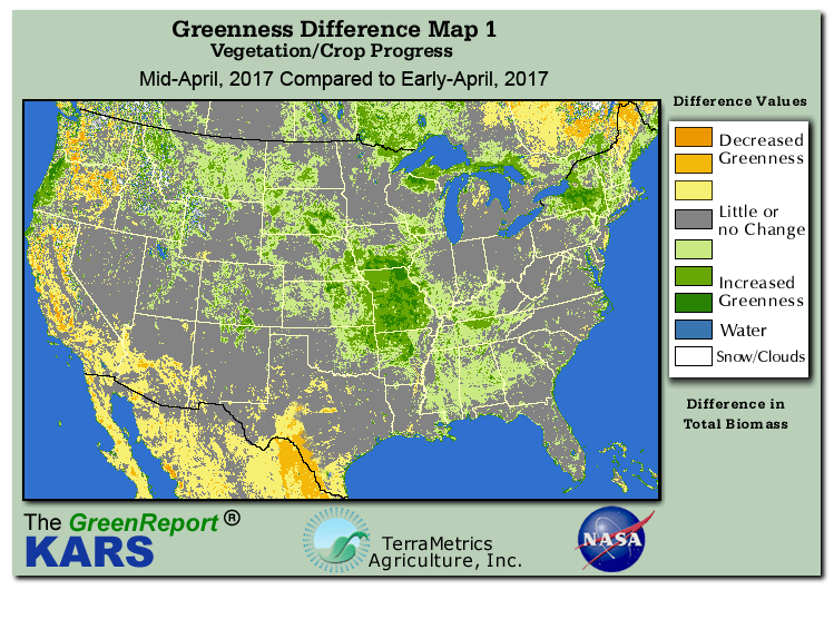 Color-coded U.S. vegetation greeness index map for Period 16 of 2017, illustrating spatial variations in plant vigor, with greener tones indicating higher biomass and browner tones indicating stressed vegetation,
              comparing current crop/vegetation change in biomass to the previous week within the same year.