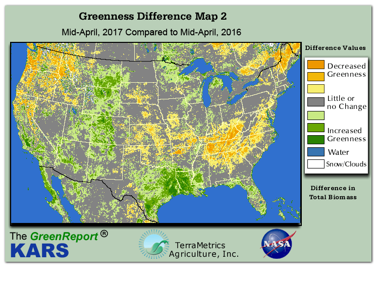Color-coded U.S. vegetation greeness index map for Period 16 of 2017, illustrating spatial variations in plant vigor, with greener tones indicating higher biomass and browner tones indicating stressed vegetation,
              comparing current crop/vegetation change in biomass to same period from the previous year.