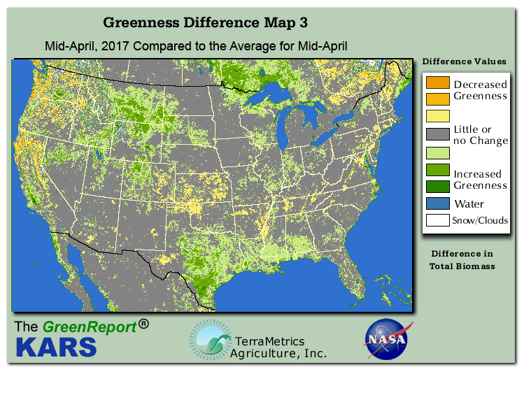 Color-coded U.S. vegetation greeness index map for Period 16 of 2017, illustrating spatial variations in plant vigor, with greener tones indicating higher biomass and browner tones indicating stressed vegetation,
              comparing current crop/vegetation change in biomass to the 20-year greenness average.