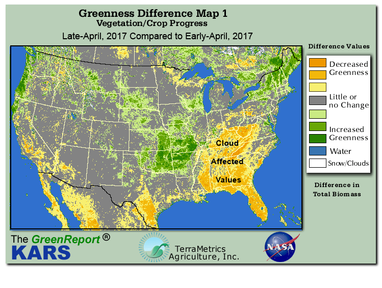 Color-coded U.S. vegetation greeness index map for Period 17 of 2017, illustrating spatial variations in plant vigor, with greener tones indicating higher biomass and browner tones indicating stressed vegetation,
              comparing current crop/vegetation change in biomass to the previous week within the same year.