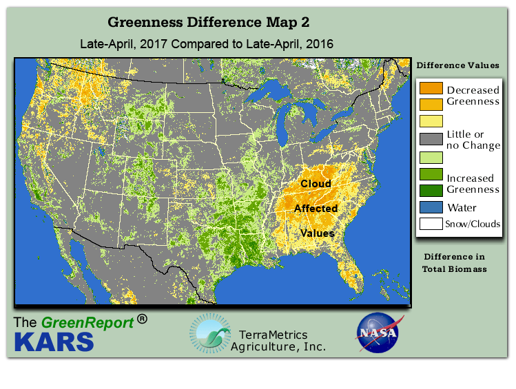 Color-coded U.S. vegetation greeness index map for Period 17 of 2017, illustrating spatial variations in plant vigor, with greener tones indicating higher biomass and browner tones indicating stressed vegetation,
              comparing current crop/vegetation change in biomass to same period from the previous year.