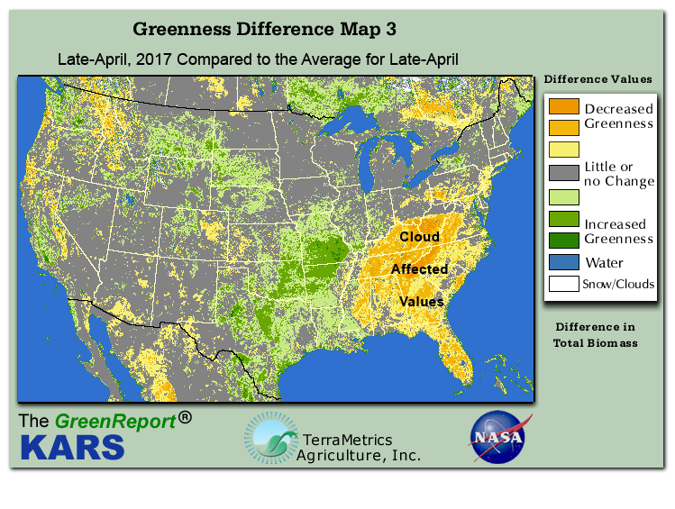 Color-coded U.S. vegetation greeness index map for Period 17 of 2017, illustrating spatial variations in plant vigor, with greener tones indicating higher biomass and browner tones indicating stressed vegetation,
              comparing current crop/vegetation change in biomass to the 20-year greenness average.