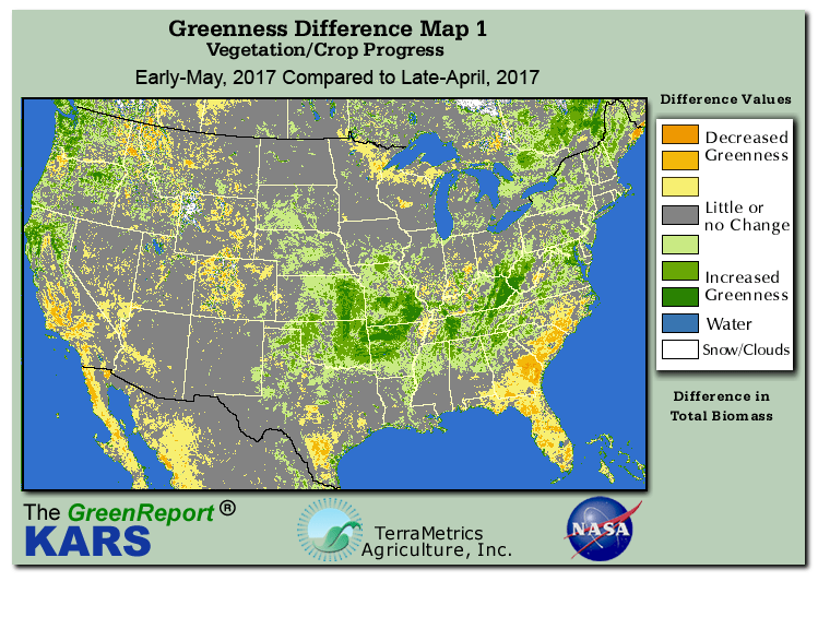 Color-coded U.S. vegetation greeness index map for Period 18 of 2017, illustrating spatial variations in plant vigor, with greener tones indicating higher biomass and browner tones indicating stressed vegetation,
              comparing current crop/vegetation change in biomass to the previous week within the same year.