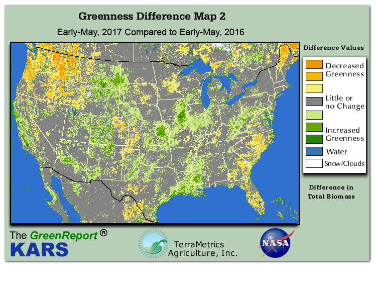 Color-coded U.S. vegetation greeness index map for Period 18 of 2017, illustrating spatial variations in plant vigor, with greener tones indicating higher biomass and browner tones indicating stressed vegetation,
              comparing current crop/vegetation change in biomass to same period from the previous year.