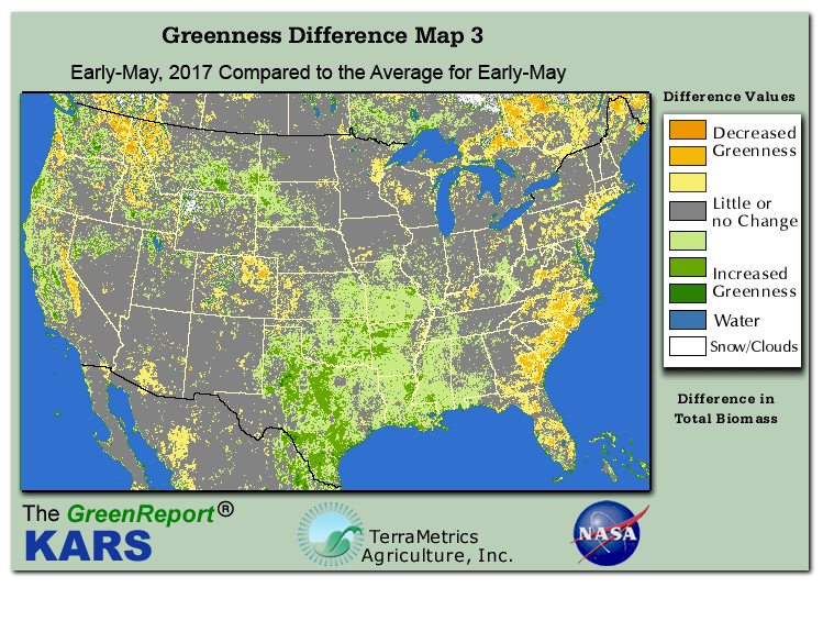 Color-coded U.S. vegetation greeness index map for Period 18 of 2017, illustrating spatial variations in plant vigor, with greener tones indicating higher biomass and browner tones indicating stressed vegetation,
              comparing current crop/vegetation change in biomass to the 20-year greenness average.
