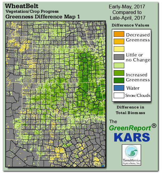 Color-coded Wheat Belt vegetation greeness index map for Period 18 of 2017, illustrating spatial variations in plant vigor, with greener tones indicating higher biomass and browner tones indicating stressed vegetation,
              comparing current crop/vegetation change in biomass to the previous week within the same year.