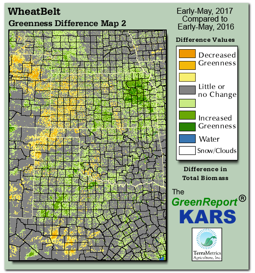 Color-coded Wheat Belt vegetation greeness index map for Period 18 of 2017, illustrating spatial variations in plant vigor, with greener tones indicating higher biomass and browner tones indicating stressed vegetation,
              comparing current crop/vegetation change in biomass to same period from the previous year.