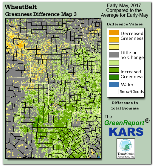 Color-coded Wheat Belt vegetation greeness index map for Period 18 of 2017, illustrating spatial variations in plant vigor, with greener tones indicating higher biomass and browner tones indicating stressed vegetation,
              comparing current crop/vegetation change in biomass to the 20-year greenness average.