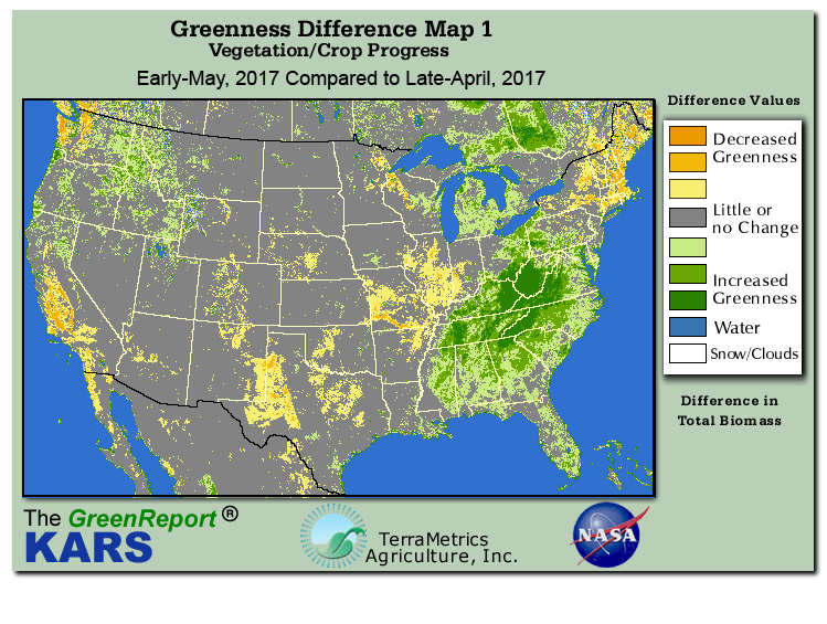 Color-coded U.S. vegetation greeness index map for Period 19 of 2017, illustrating spatial variations in plant vigor, with greener tones indicating higher biomass and browner tones indicating stressed vegetation,
              comparing current crop/vegetation change in biomass to the previous week within the same year.