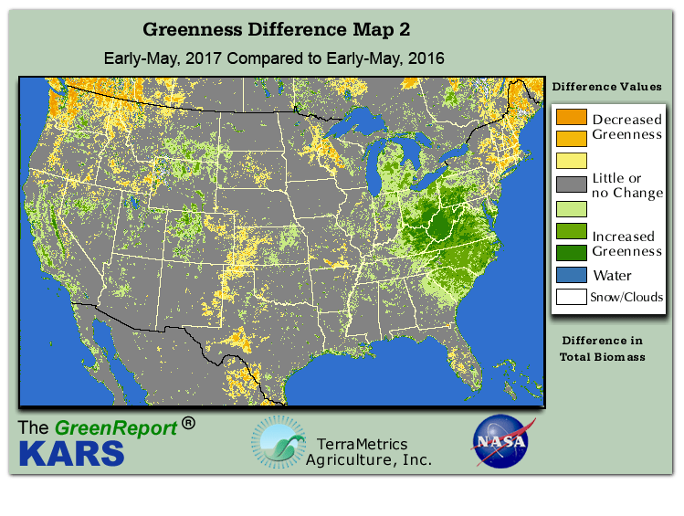 Color-coded U.S. vegetation greeness index map for Period 19 of 2017, illustrating spatial variations in plant vigor, with greener tones indicating higher biomass and browner tones indicating stressed vegetation,
              comparing current crop/vegetation change in biomass to same period from the previous year.