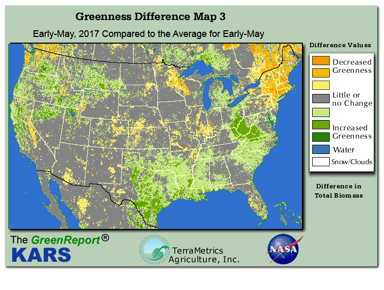 Color-coded U.S. vegetation greeness index map for Period 19 of 2017, illustrating spatial variations in plant vigor, with greener tones indicating higher biomass and browner tones indicating stressed vegetation,
              comparing current crop/vegetation change in biomass to the 20-year greenness average.