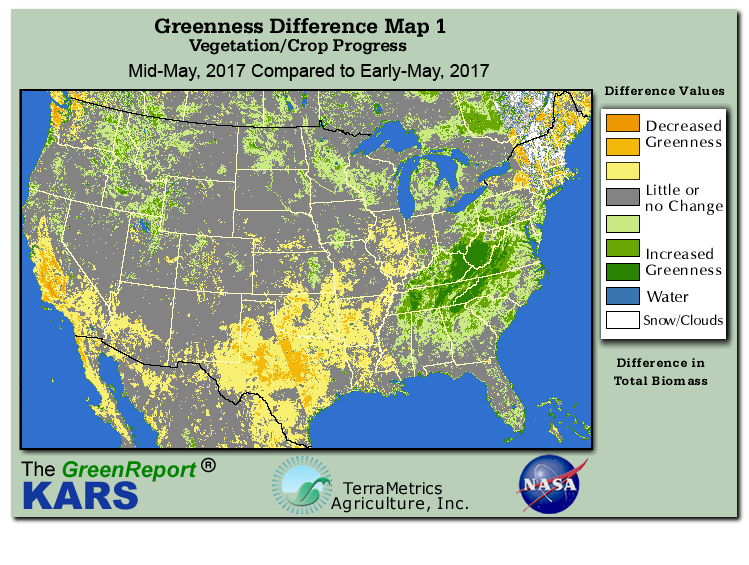Color-coded U.S. vegetation greeness index map for Period 20 of 2017, illustrating spatial variations in plant vigor, with greener tones indicating higher biomass and browner tones indicating stressed vegetation,
              comparing current crop/vegetation change in biomass to the previous week within the same year.