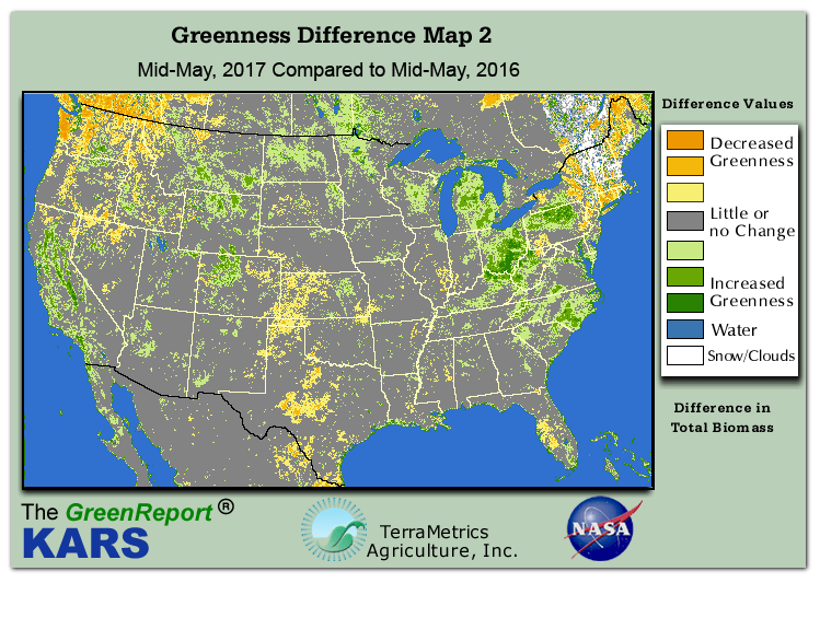 Color-coded U.S. vegetation greeness index map for Period 20 of 2017, illustrating spatial variations in plant vigor, with greener tones indicating higher biomass and browner tones indicating stressed vegetation,
              comparing current crop/vegetation change in biomass to same period from the previous year.
