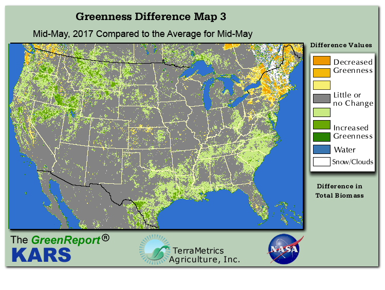 Color-coded U.S. vegetation greeness index map for Period 20 of 2017, illustrating spatial variations in plant vigor, with greener tones indicating higher biomass and browner tones indicating stressed vegetation,
              comparing current crop/vegetation change in biomass to the 20-year greenness average.