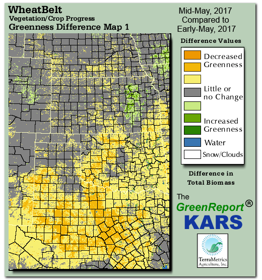 Color-coded Wheat Belt vegetation greeness index map for Period 20 of 2017, illustrating spatial variations in plant vigor, with greener tones indicating higher biomass and browner tones indicating stressed vegetation,
              comparing current crop/vegetation change in biomass to the previous week within the same year.