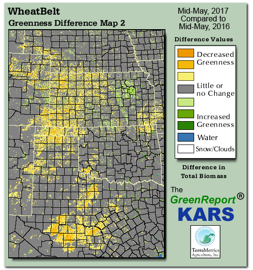 Color-coded Wheat Belt vegetation greeness index map for Period 20 of 2017, illustrating spatial variations in plant vigor, with greener tones indicating higher biomass and browner tones indicating stressed vegetation,
              comparing current crop/vegetation change in biomass to same period from the previous year.