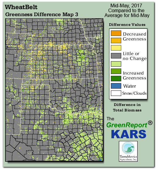 Color-coded Wheat Belt vegetation greeness index map for Period 20 of 2017, illustrating spatial variations in plant vigor, with greener tones indicating higher biomass and browner tones indicating stressed vegetation,
              comparing current crop/vegetation change in biomass to the 20-year greenness average.