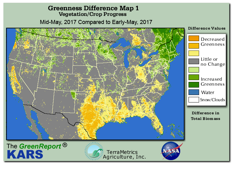 Color-coded U.S. vegetation greeness index map for Period 21 of 2017, illustrating spatial variations in plant vigor, with greener tones indicating higher biomass and browner tones indicating stressed vegetation,
              comparing current crop/vegetation change in biomass to the previous week within the same year.