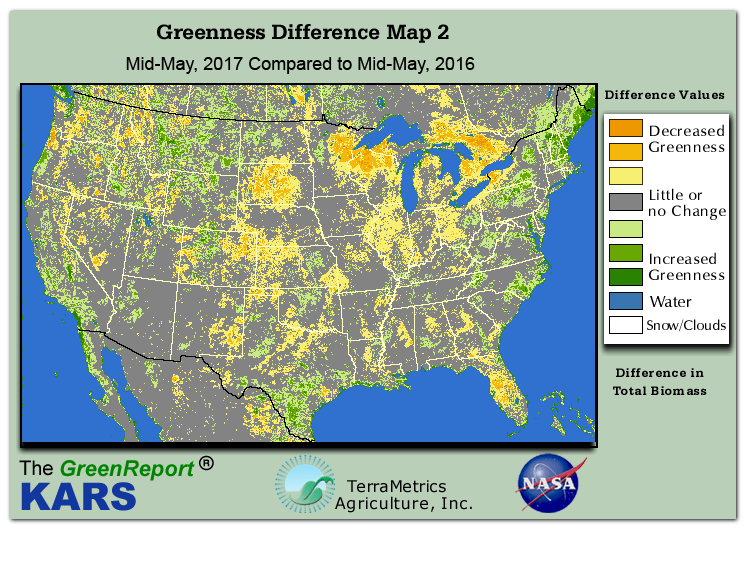 Color-coded U.S. vegetation greeness index map for Period 21 of 2017, illustrating spatial variations in plant vigor, with greener tones indicating higher biomass and browner tones indicating stressed vegetation,
              comparing current crop/vegetation change in biomass to same period from the previous year.
