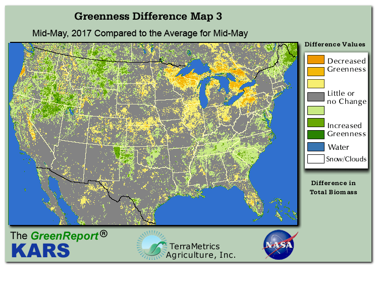 Color-coded U.S. vegetation greeness index map for Period 21 of 2017, illustrating spatial variations in plant vigor, with greener tones indicating higher biomass and browner tones indicating stressed vegetation,
              comparing current crop/vegetation change in biomass to the 20-year greenness average.