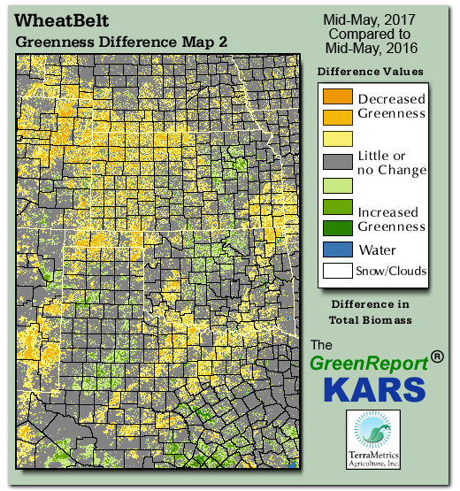 Color-coded Wheat Belt vegetation greeness index map for Period 21 of 2017, illustrating spatial variations in plant vigor, with greener tones indicating higher biomass and browner tones indicating stressed vegetation,
              comparing current crop/vegetation change in biomass to same period from the previous year.