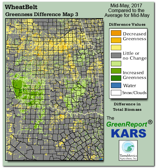 Color-coded Wheat Belt vegetation greeness index map for Period 21 of 2017, illustrating spatial variations in plant vigor, with greener tones indicating higher biomass and browner tones indicating stressed vegetation,
              comparing current crop/vegetation change in biomass to the 20-year greenness average.