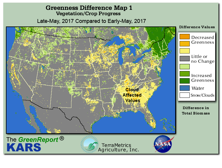 Color-coded U.S. vegetation greeness index map for Period 22 of 2017, illustrating spatial variations in plant vigor, with greener tones indicating higher biomass and browner tones indicating stressed vegetation,
              comparing current crop/vegetation change in biomass to the previous week within the same year.