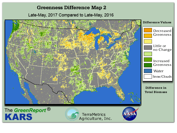 Color-coded U.S. vegetation greeness index map for Period 22 of 2017, illustrating spatial variations in plant vigor, with greener tones indicating higher biomass and browner tones indicating stressed vegetation,
              comparing current crop/vegetation change in biomass to same period from the previous year.