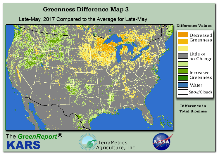 Color-coded U.S. vegetation greeness index map for Period 22 of 2017, illustrating spatial variations in plant vigor, with greener tones indicating higher biomass and browner tones indicating stressed vegetation,
              comparing current crop/vegetation change in biomass to the 20-year greenness average.