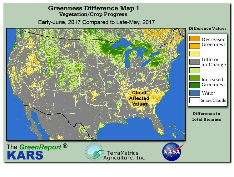 Color-coded U.S. vegetation greeness index map for Period 23 of 2017, illustrating spatial variations in plant vigor, with greener tones indicating higher biomass and browner tones indicating stressed vegetation,
              comparing current crop/vegetation change in biomass to the previous week within the same year.