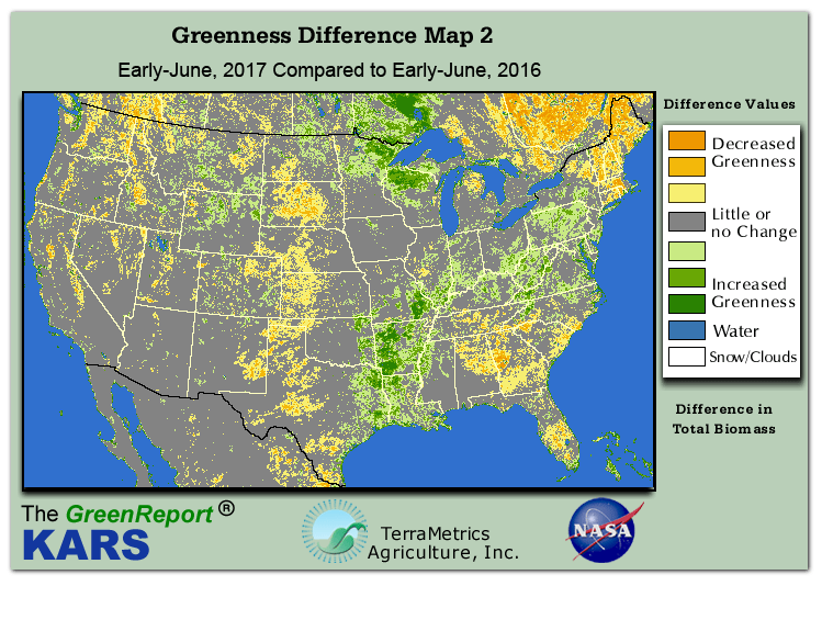 Color-coded U.S. vegetation greeness index map for Period 23 of 2017, illustrating spatial variations in plant vigor, with greener tones indicating higher biomass and browner tones indicating stressed vegetation,
              comparing current crop/vegetation change in biomass to same period from the previous year.