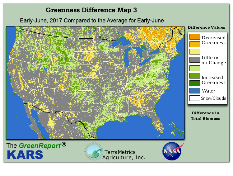 Color-coded U.S. vegetation greeness index map for Period 23 of 2017, illustrating spatial variations in plant vigor, with greener tones indicating higher biomass and browner tones indicating stressed vegetation,
              comparing current crop/vegetation change in biomass to the 20-year greenness average.