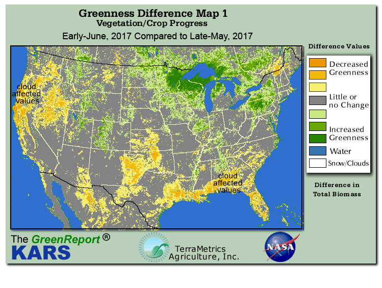 Color-coded U.S. vegetation greeness index map for Period 24 of 2017, illustrating spatial variations in plant vigor, with greener tones indicating higher biomass and browner tones indicating stressed vegetation,
              comparing current crop/vegetation change in biomass to the previous week within the same year.