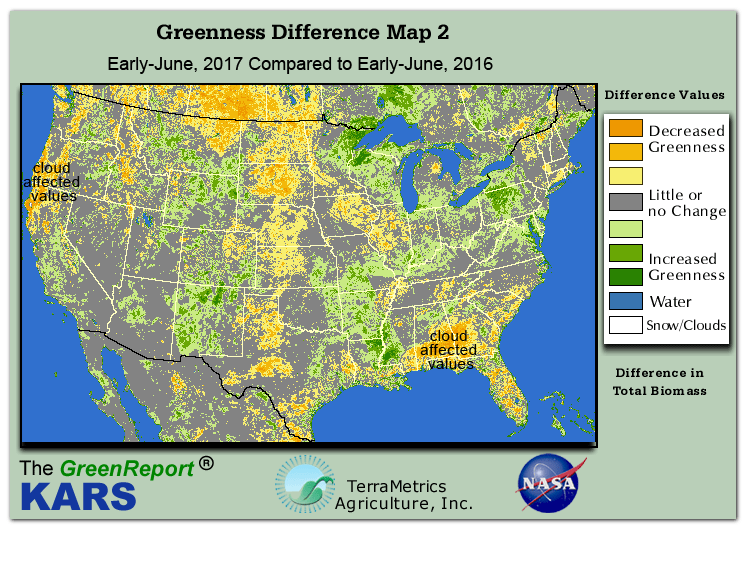 Color-coded U.S. vegetation greeness index map for Period 24 of 2017, illustrating spatial variations in plant vigor, with greener tones indicating higher biomass and browner tones indicating stressed vegetation,
              comparing current crop/vegetation change in biomass to same period from the previous year.