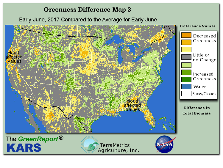 Color-coded U.S. vegetation greeness index map for Period 24 of 2017, illustrating spatial variations in plant vigor, with greener tones indicating higher biomass and browner tones indicating stressed vegetation,
              comparing current crop/vegetation change in biomass to the 20-year greenness average.