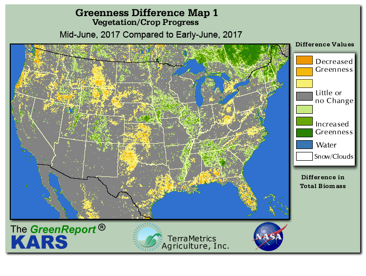 Color-coded U.S. vegetation greeness index map for Period 25 of 2017, illustrating spatial variations in plant vigor, with greener tones indicating higher biomass and browner tones indicating stressed vegetation,
              comparing current crop/vegetation change in biomass to the previous week within the same year.