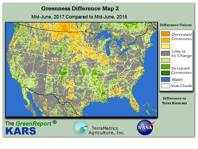 Color-coded U.S. vegetation greeness index map for Period 25 of 2017, illustrating spatial variations in plant vigor, with greener tones indicating higher biomass and browner tones indicating stressed vegetation,
              comparing current crop/vegetation change in biomass to same period from the previous year.